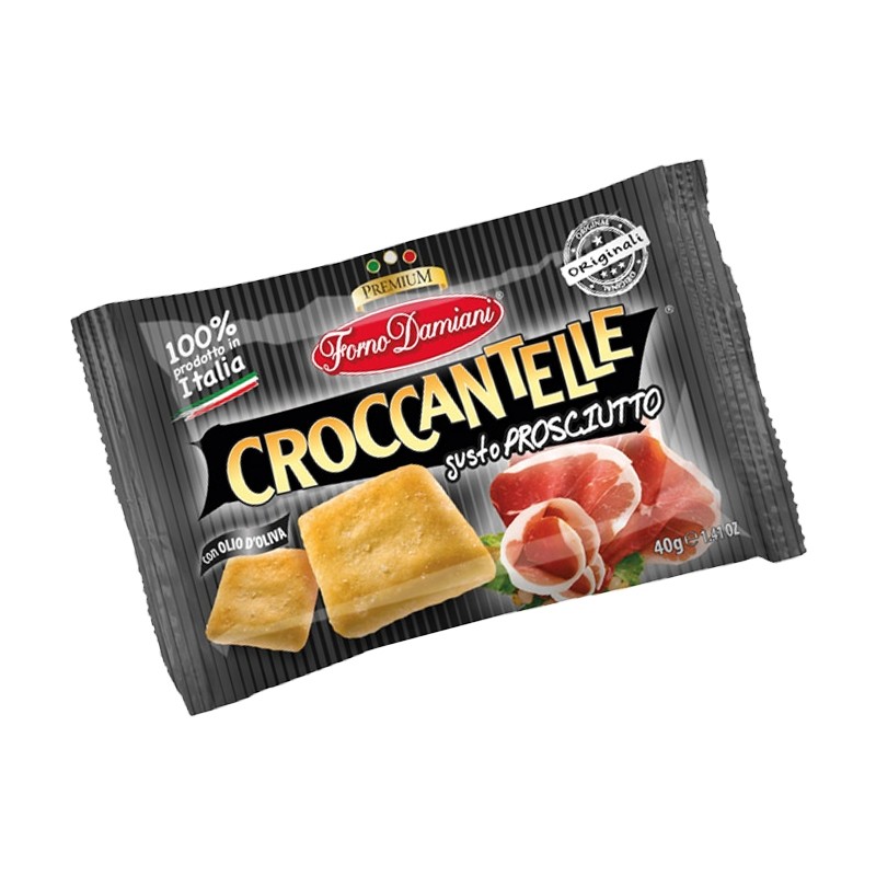 Croccantelle gusto prosciutto crudo Forno Damiani 35 gr, confezione 50 pz Croccantelle gusto prosciutto crudo Forno Damiani 35 gr, confezione 50 pz