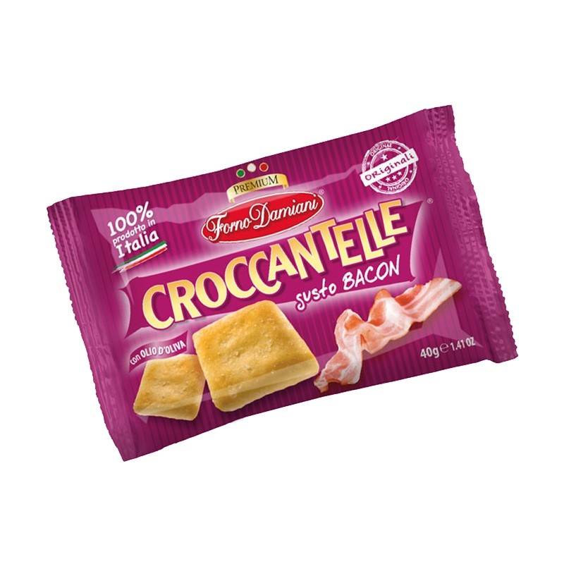 Croccantelle gusto bacon Forno Damiani 35 gr, confezione 50 pz Croccantelle gusto bacon Forno Damiani 35 gr, confezione 50 pz