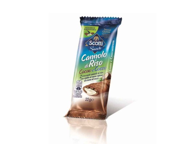 Cannolo di riso, cacao e cocco Riso Scotti Snack senza glutine 22 gr, confezione 30 pz