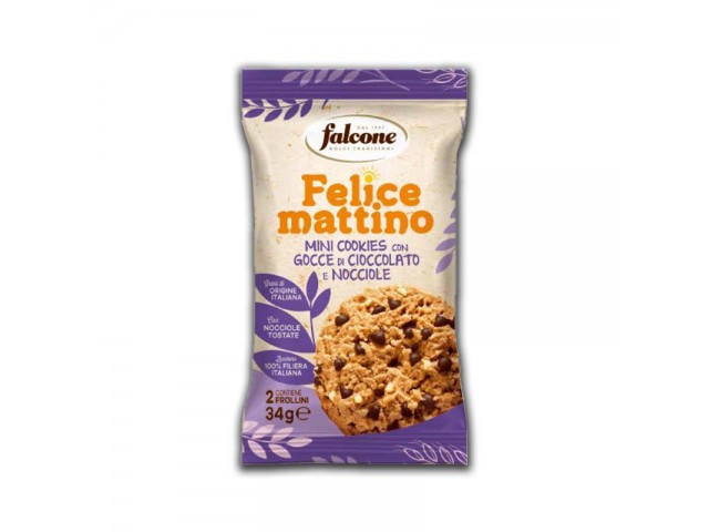 MINI COOKIES FELICE MATTINO Frollini gocce di cioccolata e nocciole Dolciaria Falcone 34 gr, confezione da 44 pz