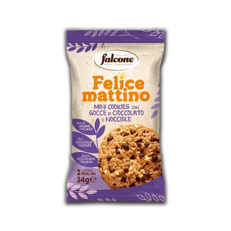 MINI COOKIES FELICE MATTINO Frollini gocce di cioccolata e nocciole Dolciaria Falcone 34 gr, confezione da 44 pz MINI COOKIES FELICE MATTINO Frollini gocce di cioccolata e nocciole Dolciaria Falcone 34 gr, confezione da 44 pz